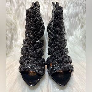 Two Lips Black Woven Leather Heels